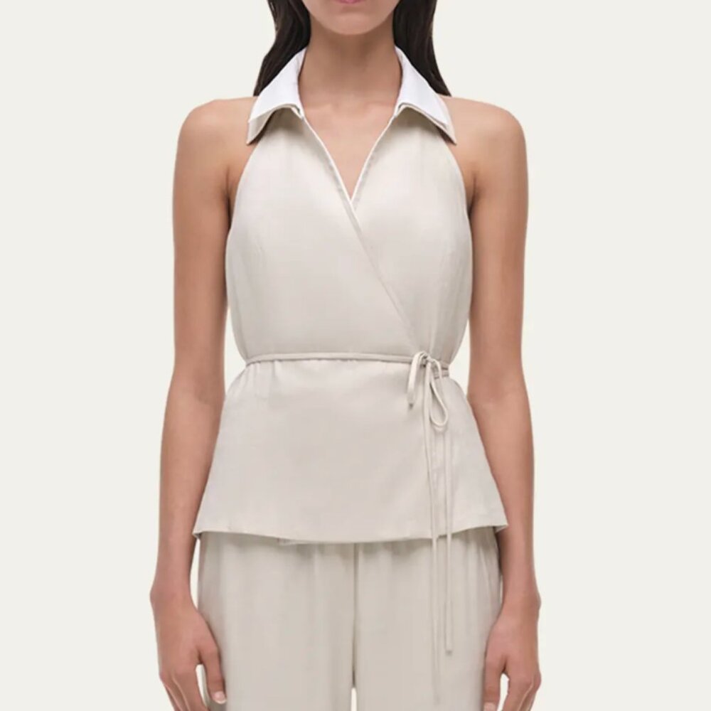 SIMKHAI Campbell Halter Shirt in Sand Large Collared Wrap Shirt